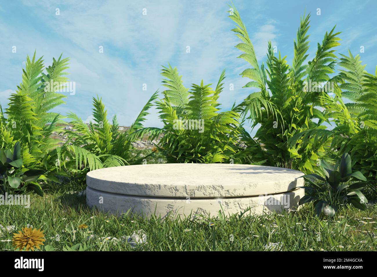 Betonpodium im Tropenwald für Produktpräsentation und bewölkten Hintergrund.3D Abbildung Stockfoto