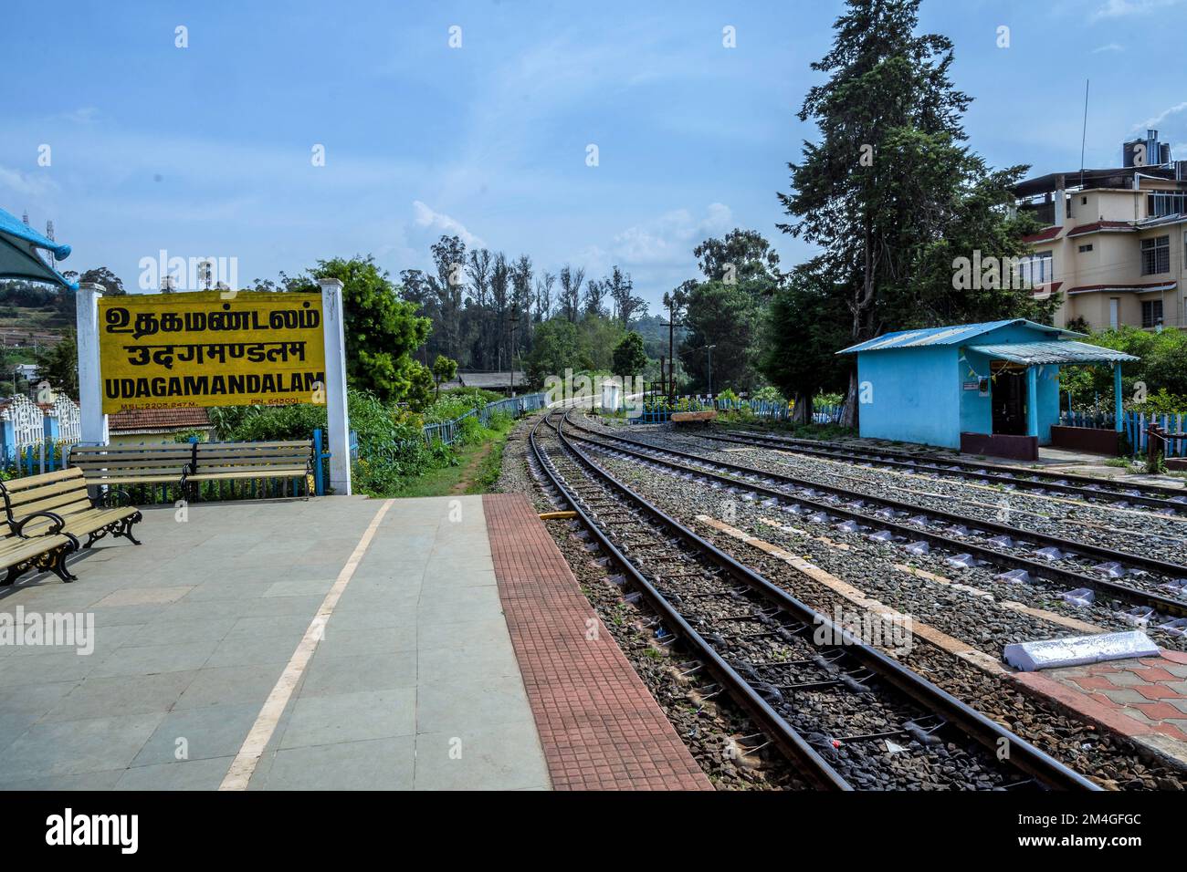 Bahnhof, Beschilderung, Ooty, Udhagamandalam, Tamil Nadu, Indien Stockfoto