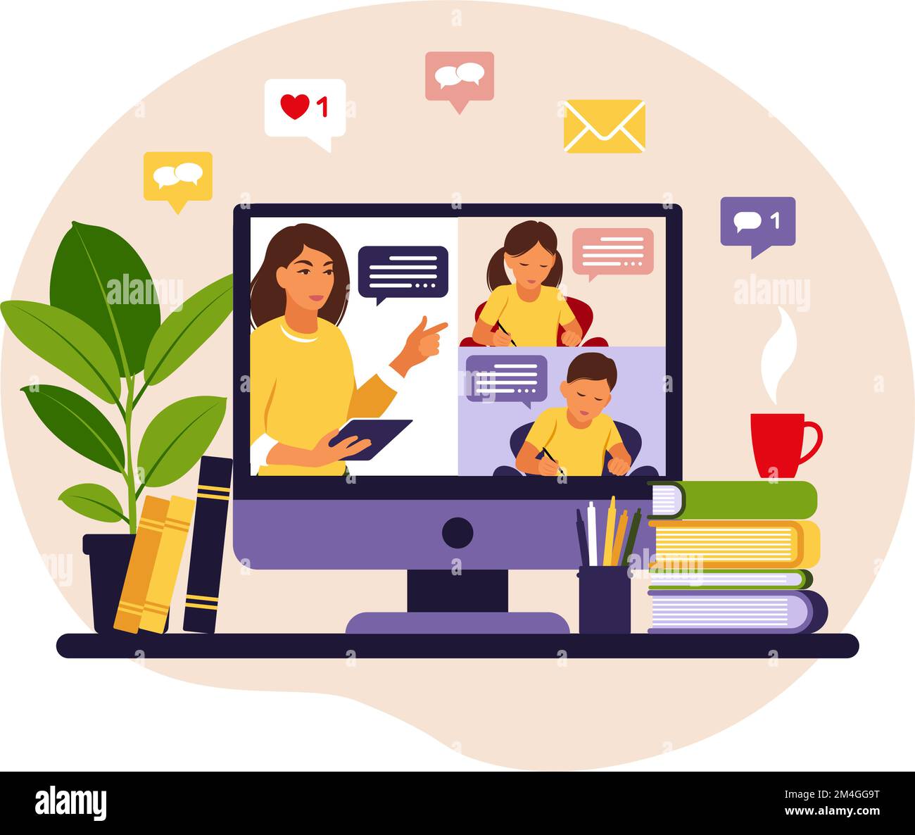 Online-Lernkonzept. Online-Kurs. Lehrer an der Tafel, Videolehrgang. Fernstudium in der Schule. Vektordarstellung. Flacher Stil. Stock Vektor