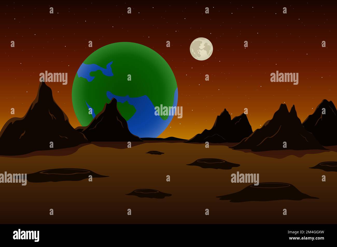 Blick auf die Erde und den Mond vom Mars. Marslandschaft. Vektordarstellung. Stock Vektor