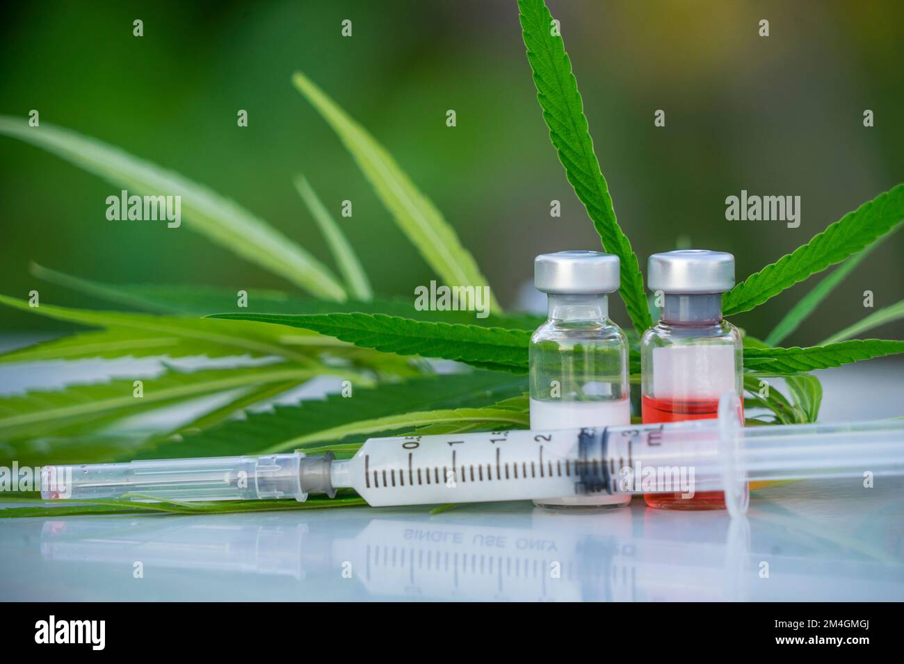 Plastikspritze mit Nadel und grünen Hanfblättern und Medizin in der Flasche Cannabis-Rezept für den persönlichen Gebrauch, legale leichte Medikamente verschreiben. Stockfoto