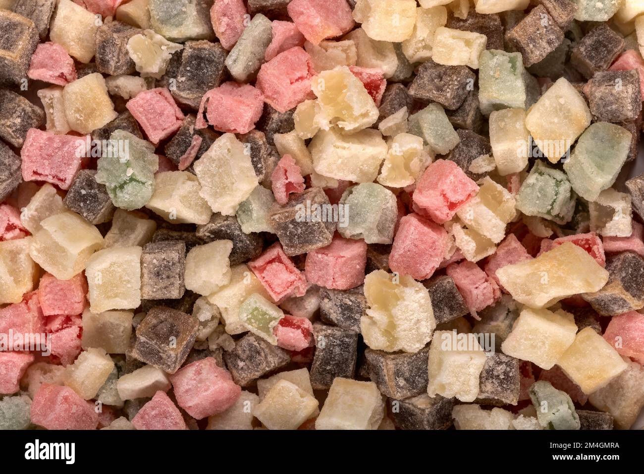 Hintergrundinformationen zu türkischen Delight Orientalen Süßigkeiten in Zuckerpulver aus nächster Nähe. Türkische Delight-Textur. Stockfoto