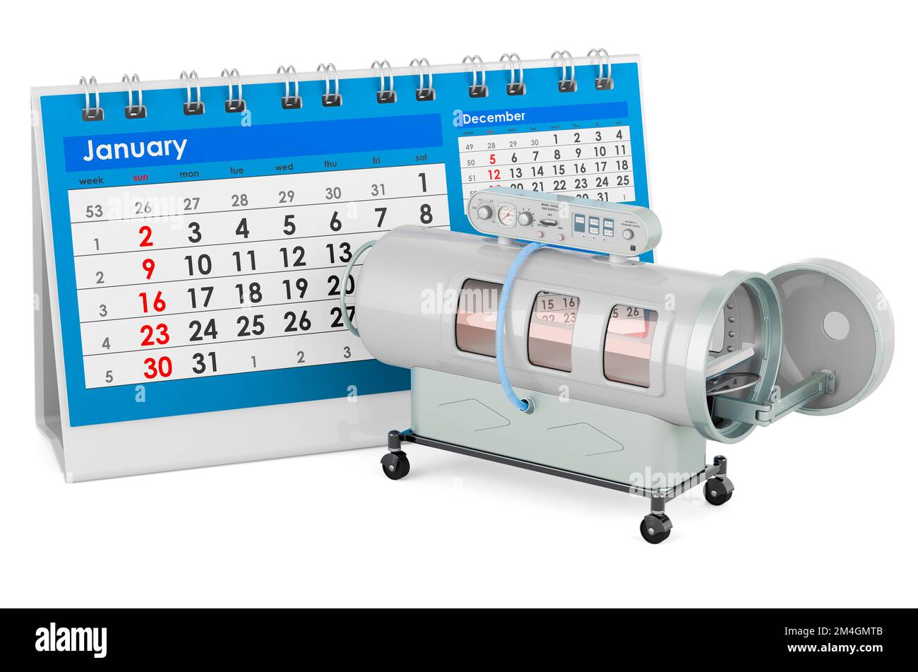 Überdruckkammer mit Tischkalender, 3D-Rendering auf weißem Hintergrund isoliert Stockfoto