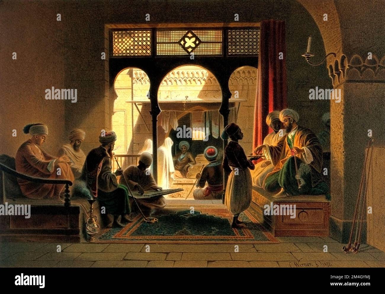 Ägypten Kairo: Ein Kaffeehaus mit Männern, die auf Holzbänken sitzen, um zu rauchen und zu trinken. Farblithograf von G.W. Seitz, ca. 1878, nach Carl Werner, 1871. Stockfoto