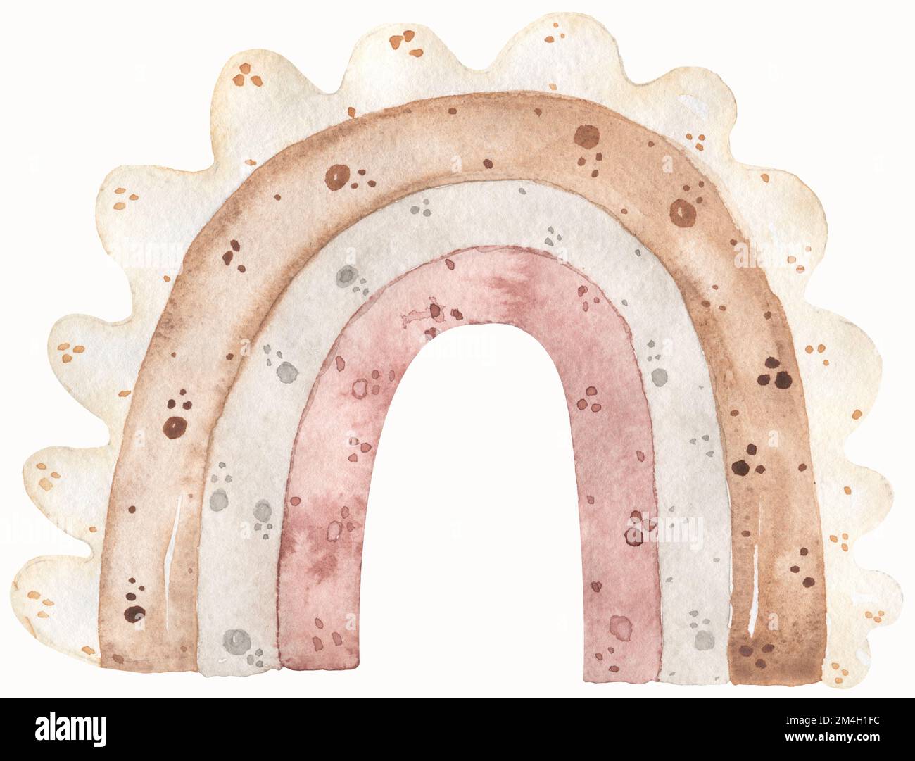 Aquarell skandinavische Styling-Illustration mit Regenbogen. Reizende Kindergartenkunst mit pastellfarbenen Nudeln isoliert auf hellem beigen Hintergrund. Lustige Inf Stockfoto