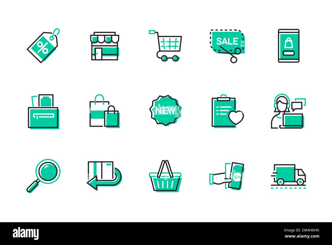 Einkaufen und Verkaufen – eine Reihe von Symbolen im Liniendesign Stock Vektor