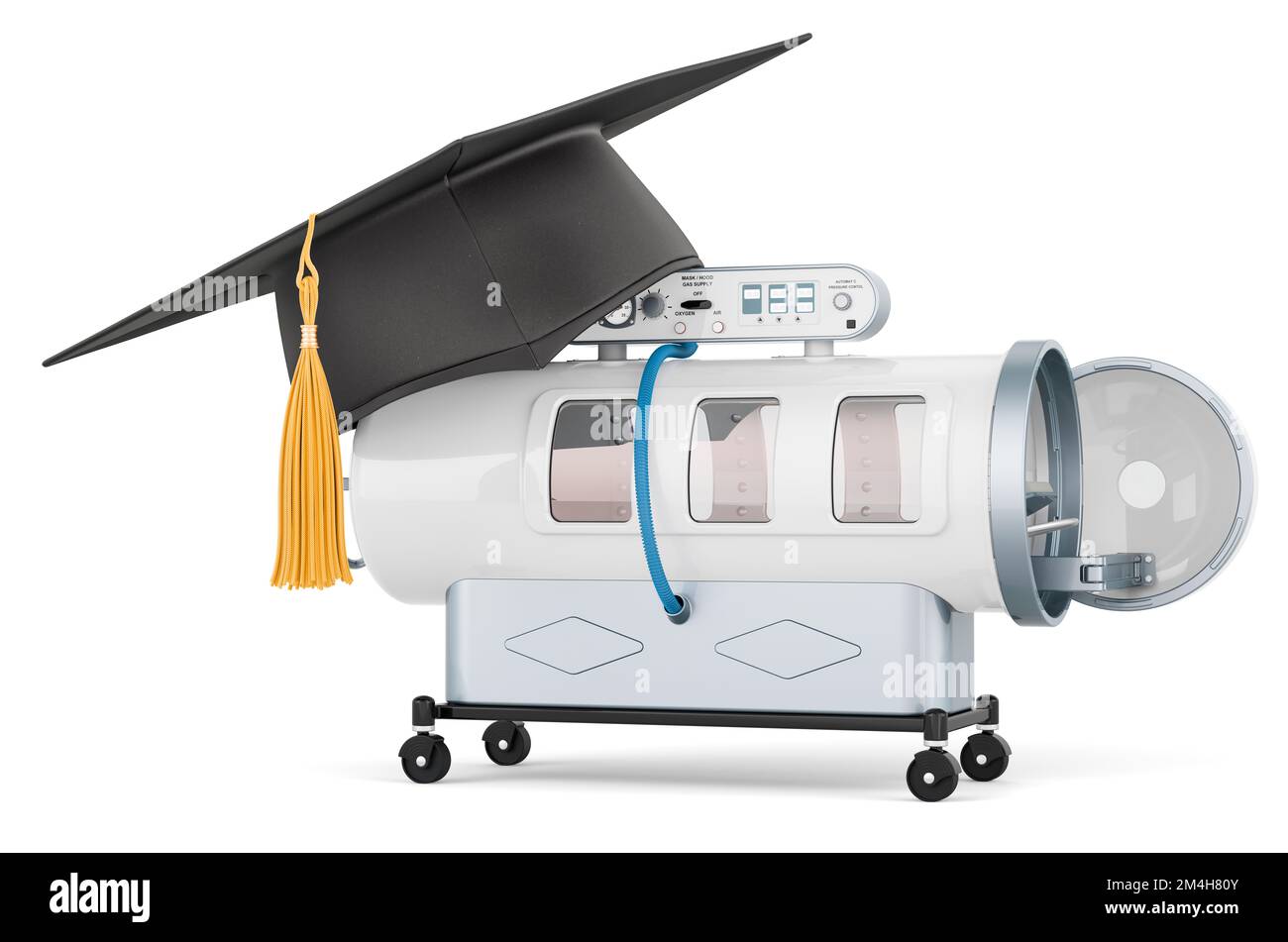 Überdruckkammer mit Graduierungskappe. 3D-Rendering auf weißem Hintergrund isoliert Stockfoto