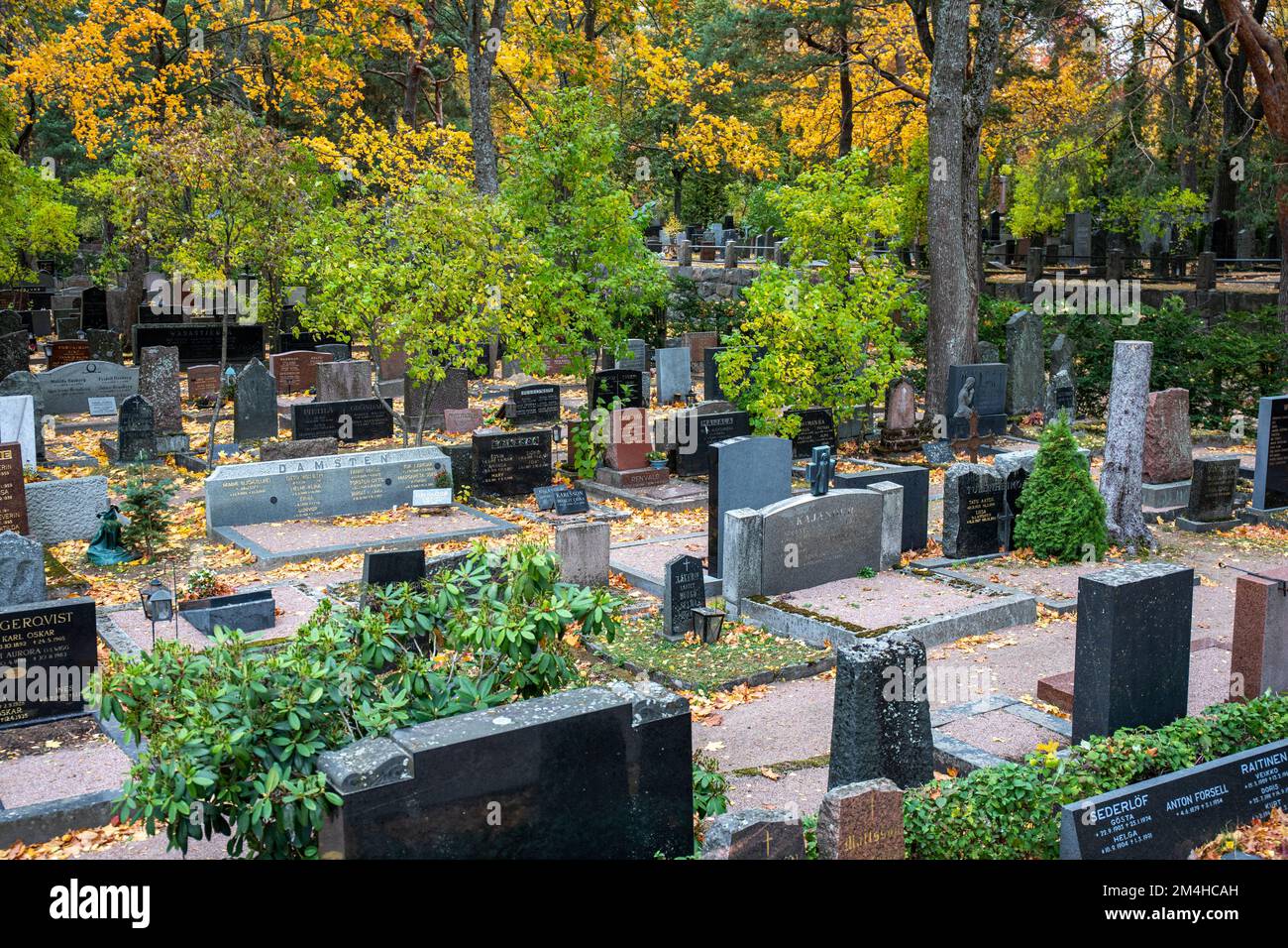 Grabsteine auf dem Hietaniemen hautausmaa oder dem Hietaniemi Friedhof in Helsinki, Finnland Stockfoto
