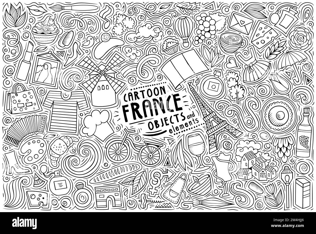 Cartoon-Vektor-Kritzelset mit traditionellen französischen Symbolen, Gegenständen und Gegenständen Stock Vektor