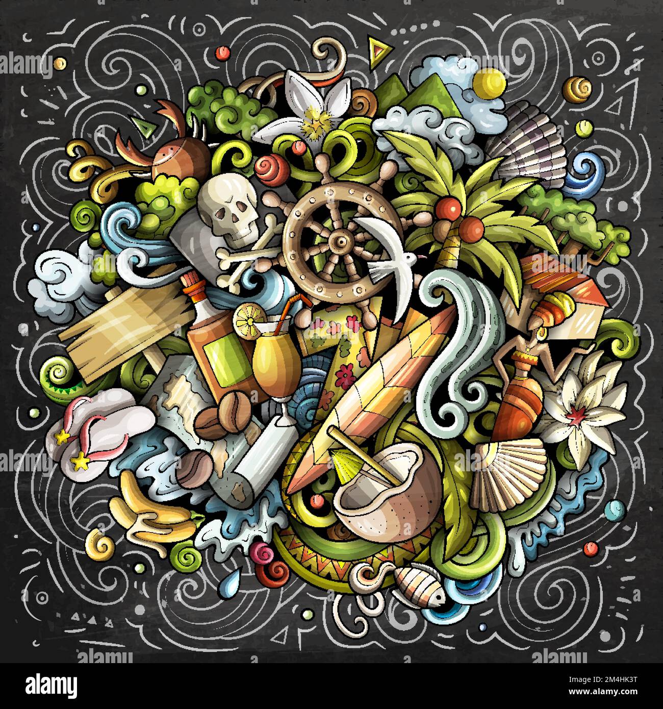 Haiti handgezeichnete Zeichentrickfilme. Lustiges Reisedesign. Kreativer Kunstvektorhintergrund. Exotische Inselelemente und Objekte. Schwarzes Brett CO Stock Vektor