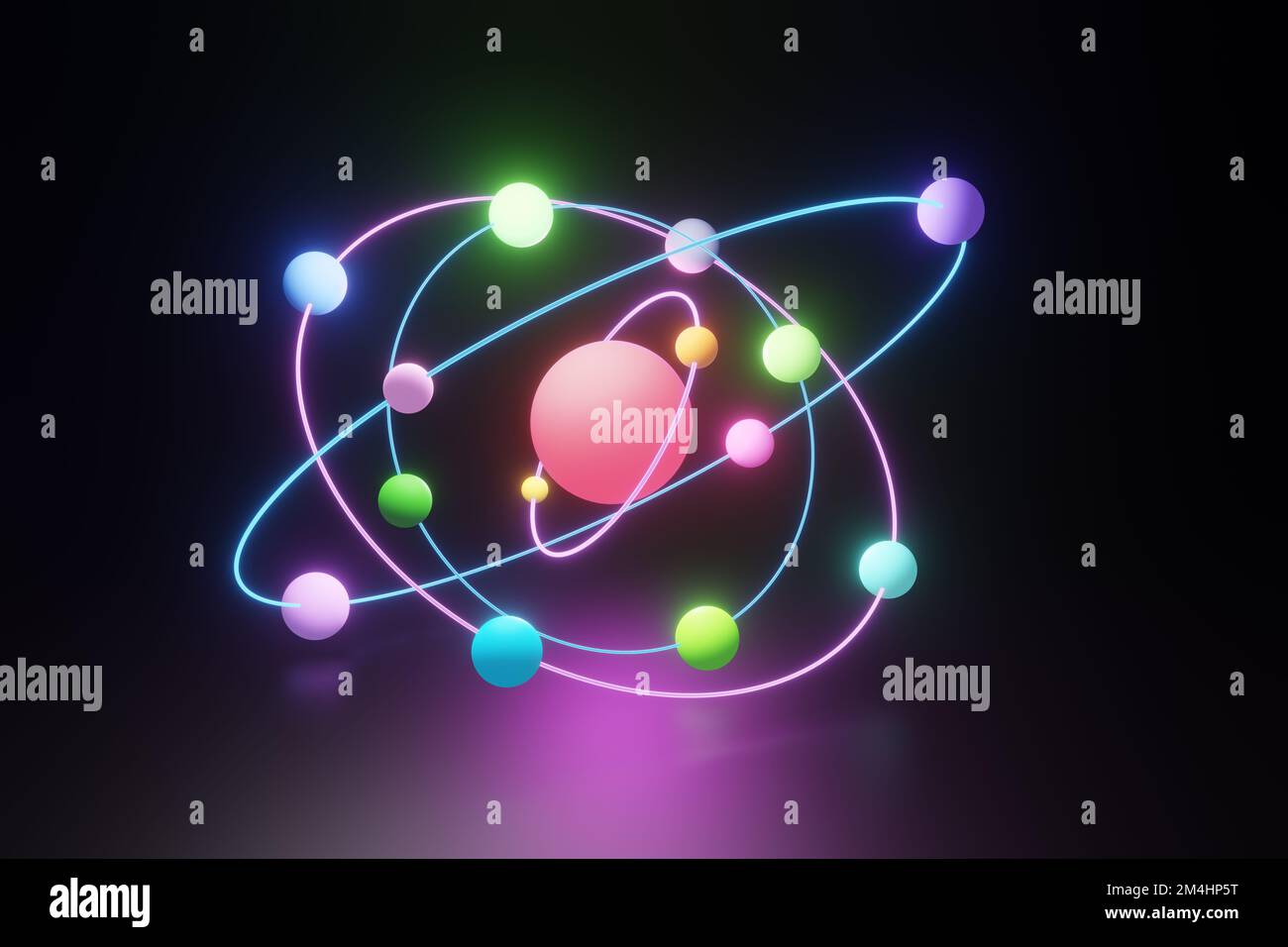 Neonleuchtende Elektronen, die sich in kreisförmigen Umlaufbahnen auf dunklem Hintergrund um den Atomkern bewegen. Das Konzept der Atome, Moleküle und Quantenmechanik. Stockfoto