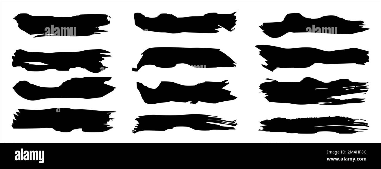 Sammlung von künstlerischen grungy schwarze Farbe von Hand gemacht kreative Pinselstrich auf Hintergrund isoliert gesetzt. Eine Gruppe von abstrakten Grunge-Skizzen für Design Stockfoto