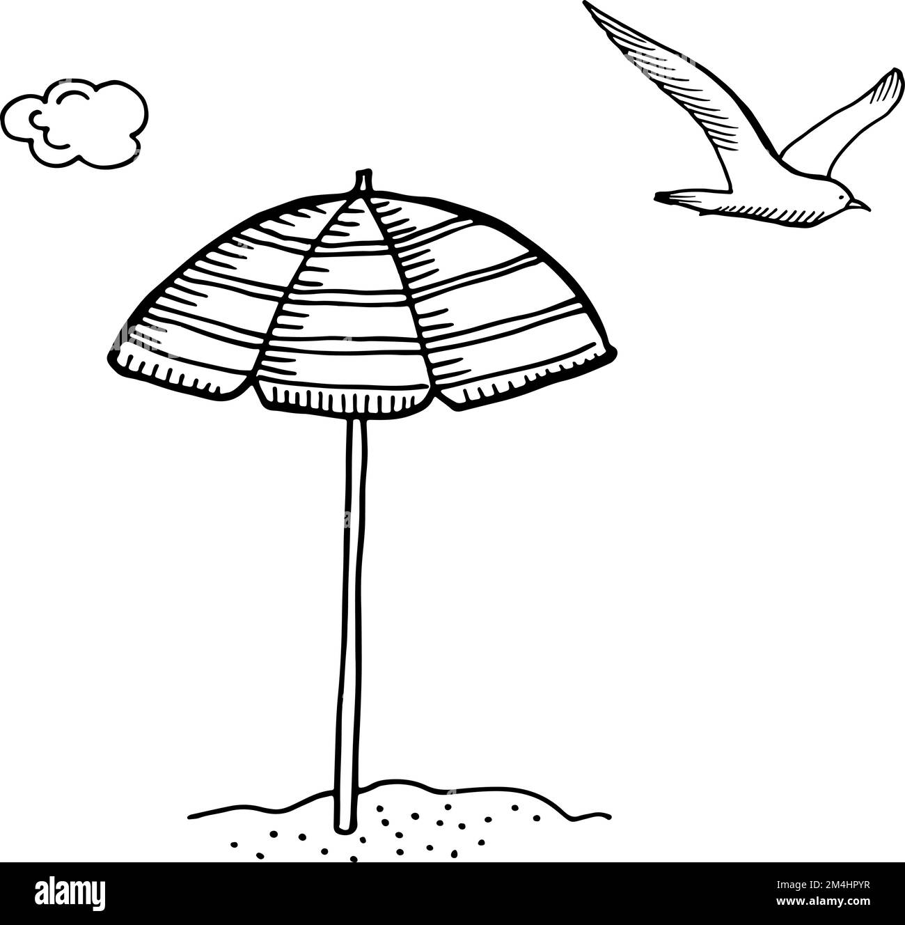 Sonnenschirm am Strand und Skizze fliegender Möwen Stock Vektor