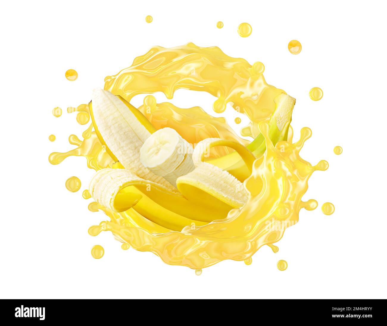 Frische, reife Bananen, Scheiben und Bananensaft im Strudel. Gesundes Essen oder tropische Fruchtgetränke flüssig Design. Leckerer Bananen-Smoothie, isoliert, 3D Stockfoto