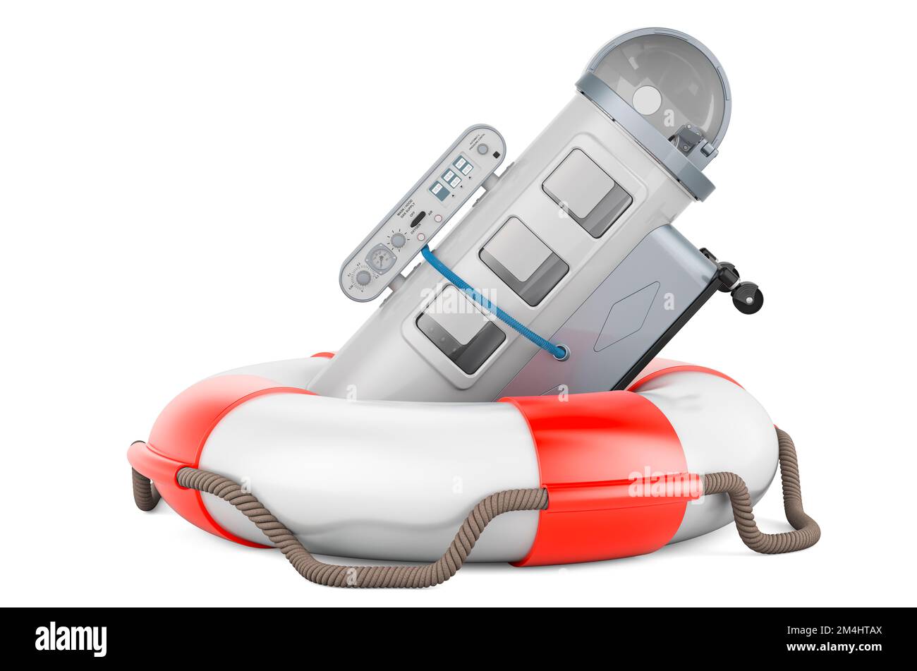 Überdruckkammer mit Rettungsgürtel, 3D-Rendering auf weißem Hintergrund isoliert Stockfoto
