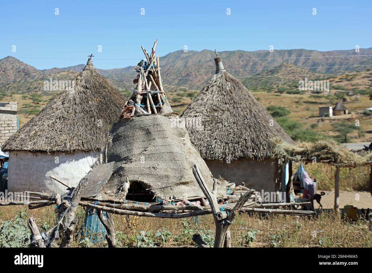 Hühnerstall in einem abgelegenen eritreischen Dorf in Ostafrika Stockfoto