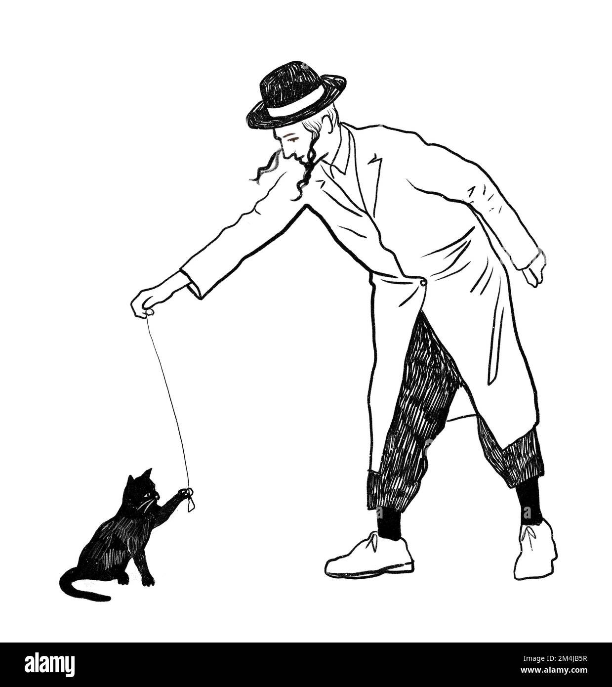 Orthodoxer jüdischer junger Mann mit hüpfenden Seitenschürzen, Hut und langem Mantel, der mit schwarzer, sitzender Katze spielt, mit schwarzer und weißer Tintenzeichnung. Stockfoto