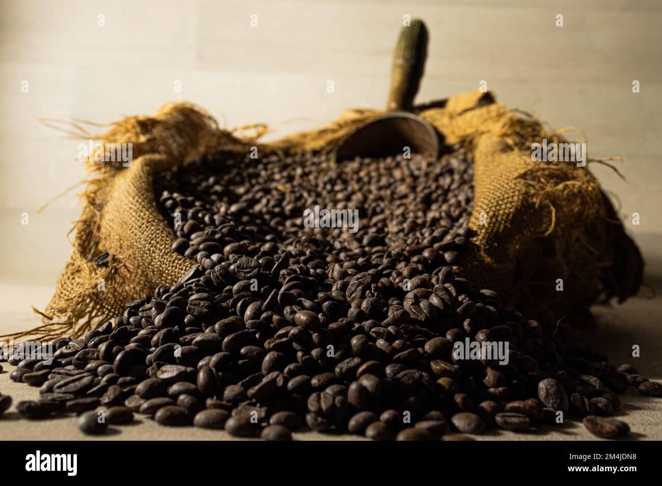 Großer Kaffee in Leinenbeutel mit Schaufel Stockfoto