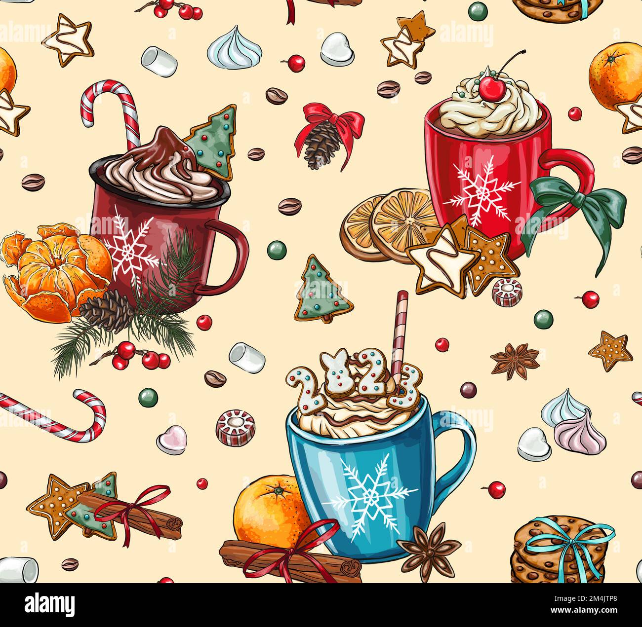 Nahtloses Muster festliche Aufschrift mit Lebkuchen 2023 Jahr, Weihnachtskomposition mit Keksen. Handgezeichnete Komposition mit Zimt Stock Vektor