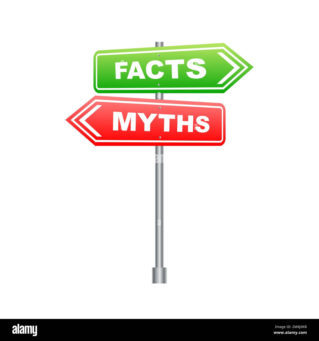 Fakten gegen Mythen, Faktenprüfung. Häkchen. Falsche Nachrichten. Gerüchte im Vergleich zu wahren Informationen. Label „Fakten vs. Mythen“. Stock Vektor