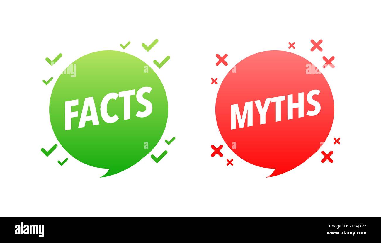 Fakten gegen Mythen, Faktenprüfung. Häkchen. Falsche Nachrichten. Gerüchte im Vergleich zu wahren Informationen. Label „Fakten vs. Mythen“. Stock Vektor