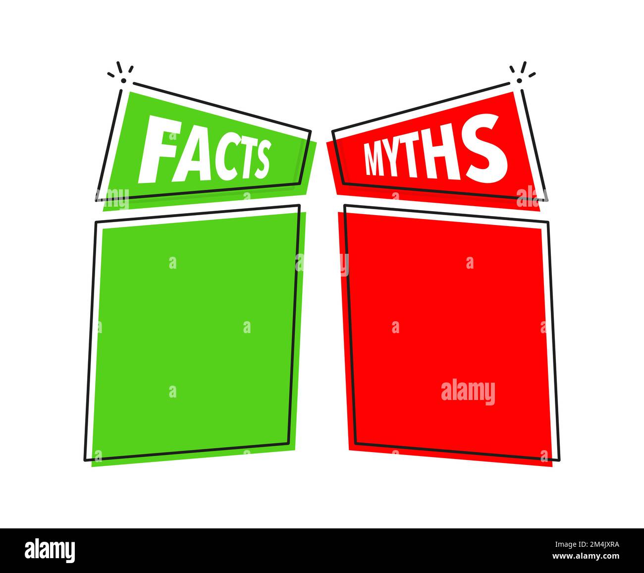 Fakten gegen Mythen, Faktenprüfung. Häkchen. Falsche Nachrichten. Gerüchte im Vergleich zu wahren Informationen. Label „Fakten vs. Mythen“. Stock Vektor