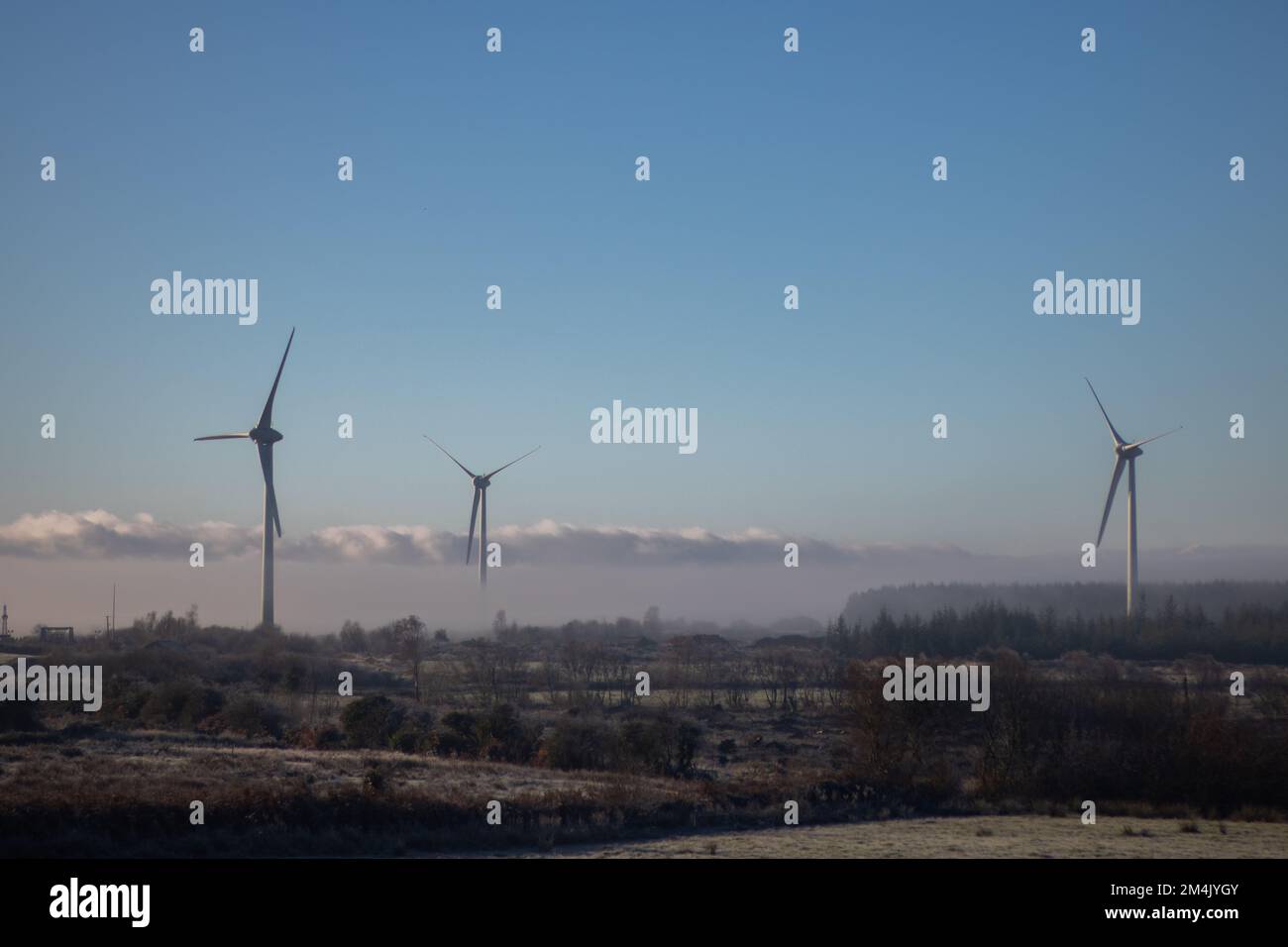Windmühlen stehen still an einem kalten, frostigen Tag Stockfoto