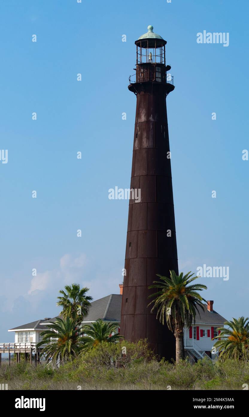 Bolivar Point Lighthouse, ein historisches Wahrzeichen auf der Bolivar Halbinsel im Golf von Mexiko, nahe Galveston, Texas. Stockfoto