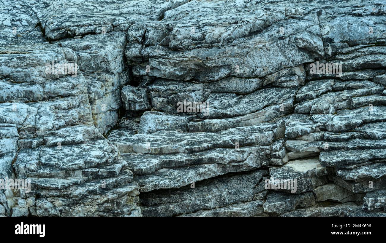 Kalksteinfelsen am Ufer des Lake Huron am Halfway Log Dump, Bruce Peninsula National Park, Ontario, Kanada Stockfoto