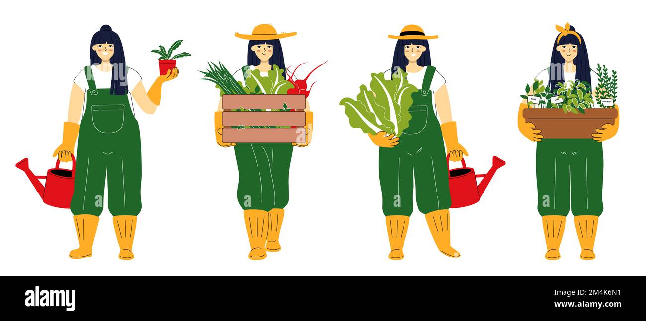Ein Satz Figuren als asiatischer süßer Gärtner. Lächelnde junge Frau, die eine Kiste Gemüse trägt. Ein dunkelhaariges Mädchen mit einem Hut und chinakohl Stock Vektor