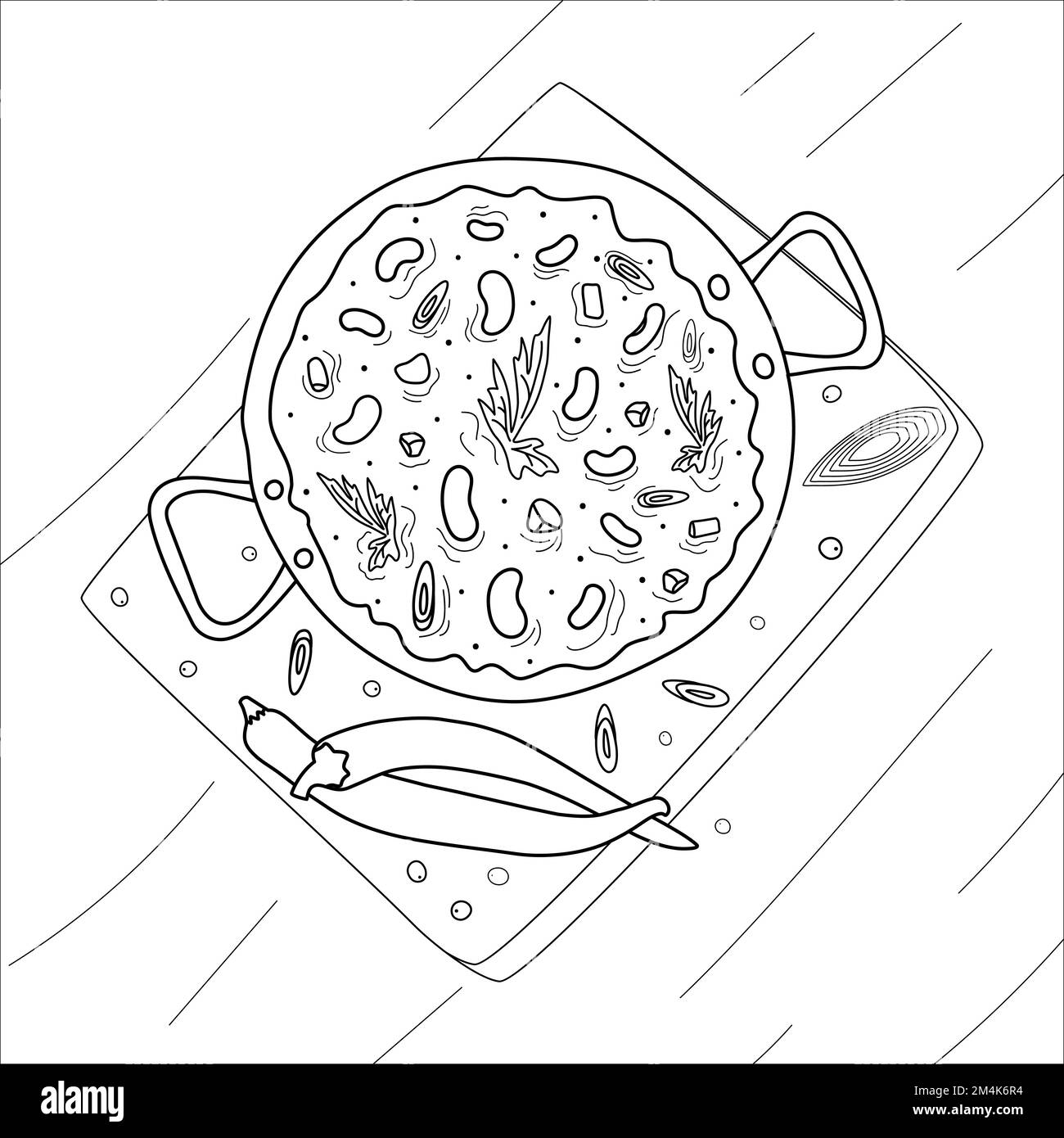 Chile con carne auf einer Holzfläche mit Chili-Pfeffer und würzigen Scheiben. Ein traditionelles Gericht der mexikanischen Küche. Lateinamerikanisches Essen. Isolieren. Geeignet für Poster, Speisekarten, Broschüren, Einladungen oder Etiketten. EPS Stock Vektor