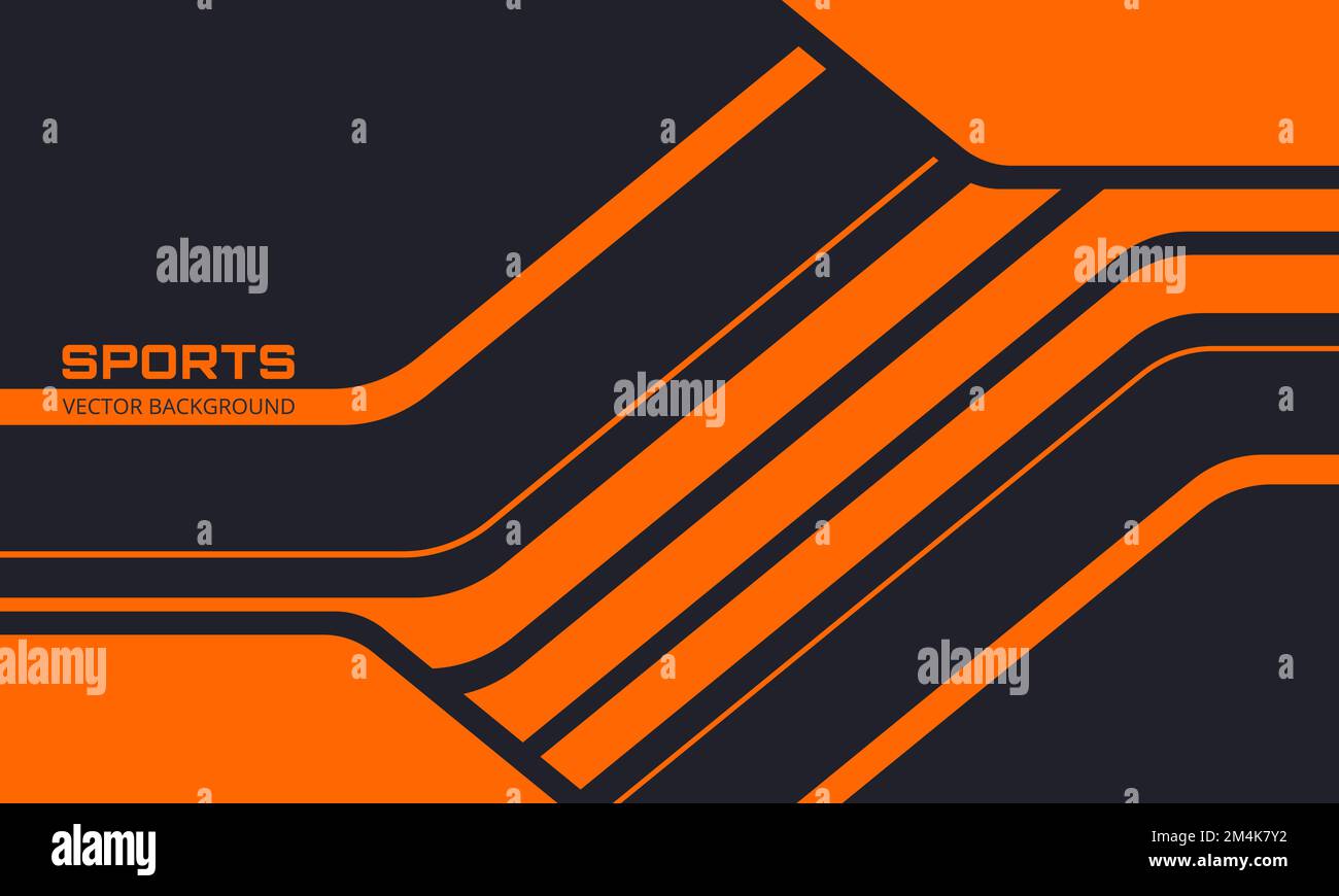 Orangefarbener und schwarzer Sporthintergrund mit abstrakten Design-Bewegungselementen, Winkeln und Pfeilen. Abstrakter dunkelgrauer und orangefarbener Hintergrund mit Wellenform. Stock Vektor