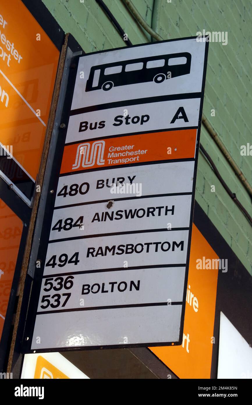 Greater Manchester Transport Bushaltestelle A, 480 Bury, 484 Ainsworth, 494 Ramsbottom, 536, 537, Bolton Stockfoto