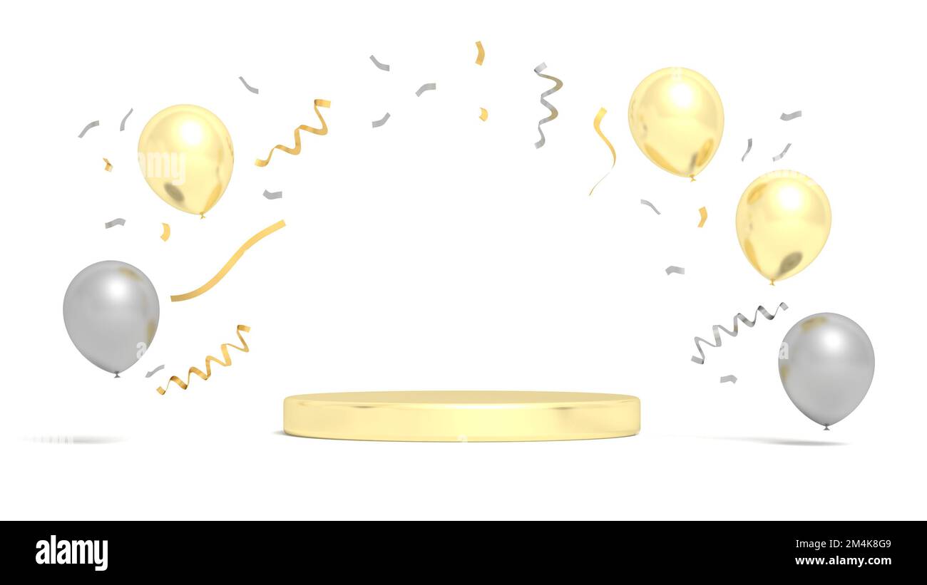 Podium mit goldenen Ballons. Produktpräsentation. 3D Abbildung. Stockfoto