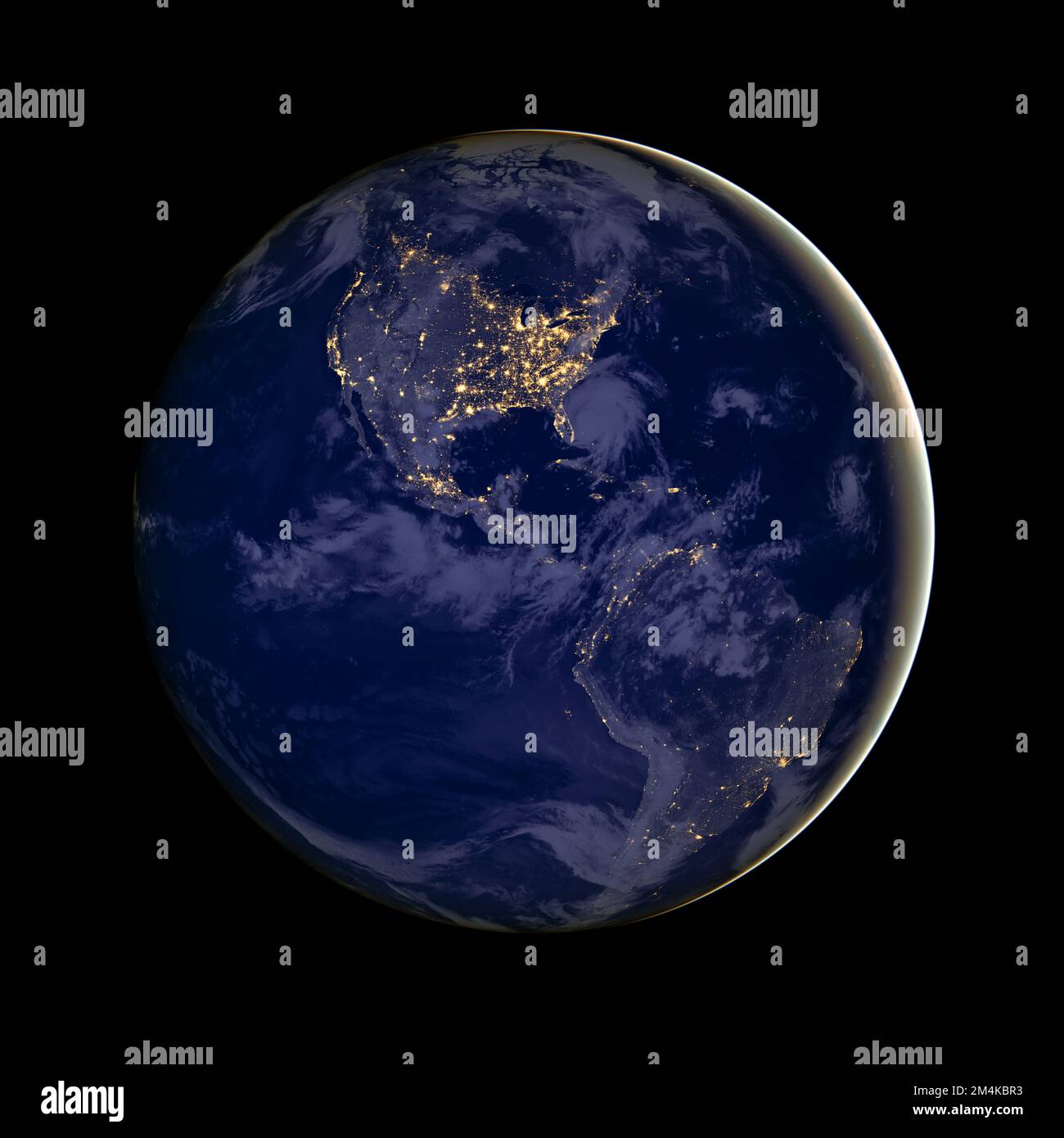Planet Earth mit Fokus auf Nord- und Südamerika bei Nacht, vom Weltraum aus gesehen. Stadtlichter. Digital optimiert. Elemente dieses Bildes von der NASA Stockfoto