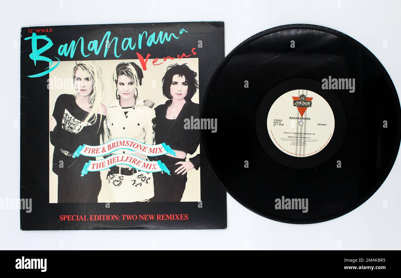 Disco-Band der 80er und 90er Jahre, Bananarama, Musikalbum auf Vinyl-LP-Disc. Single Venus Song Album Cover Stockfoto