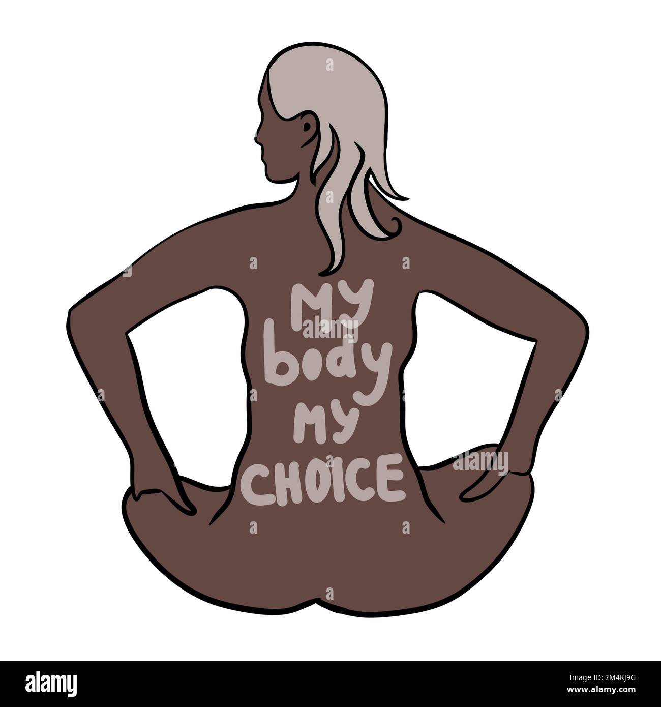 Mein Körper meine Wahl handgezeichnete Illustration mit einer schwarzen afrikanischen Frau. Feminismus-Aktivismus-Konzept, reproduktive Abtreibungsrechte, Row-V-Wade-Design Stockfoto