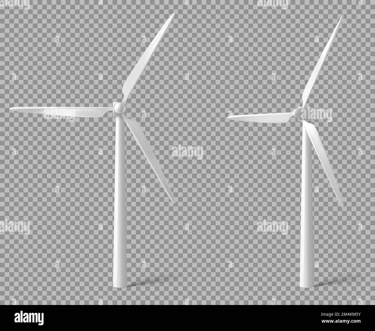 Vorderansicht und Winkelansicht der Windturbine. Alternative Stromerzeugung aus erneuerbaren Energien, Konzept für grüne Energie. Vektorrealistisches Modell einer Windmühle mit weißen Leitschaufeln auf transparentem Hintergrund isoliert Stock Vektor