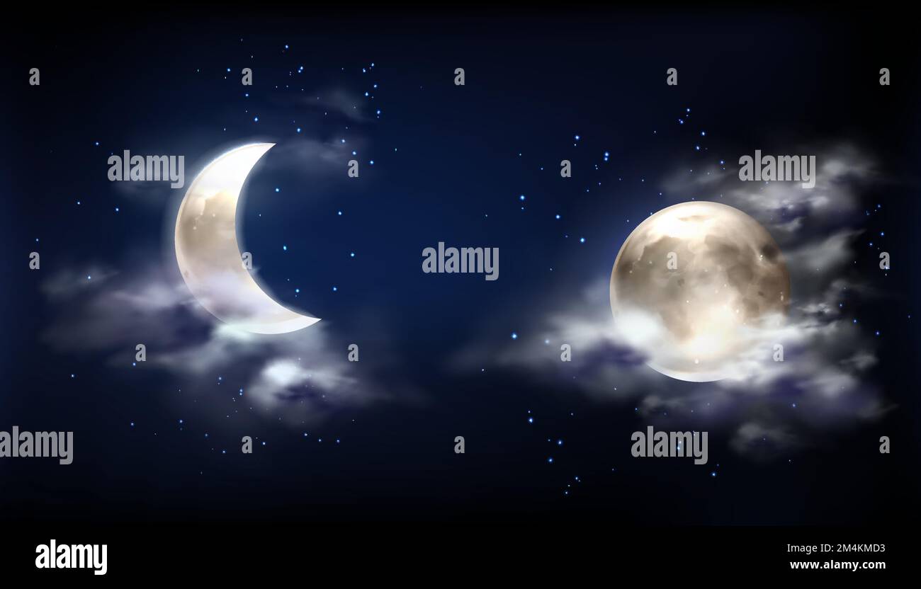 Mond am Nachthimmel mit Wolken und Sternen. Vektorrealistische Darstellung von Vollmond und Halbmond am dunklen Mitternachtshimmel. Sternenhimmel im Weltraum mit leuchtend leuchtendem Planeten und Nebel Stock Vektor