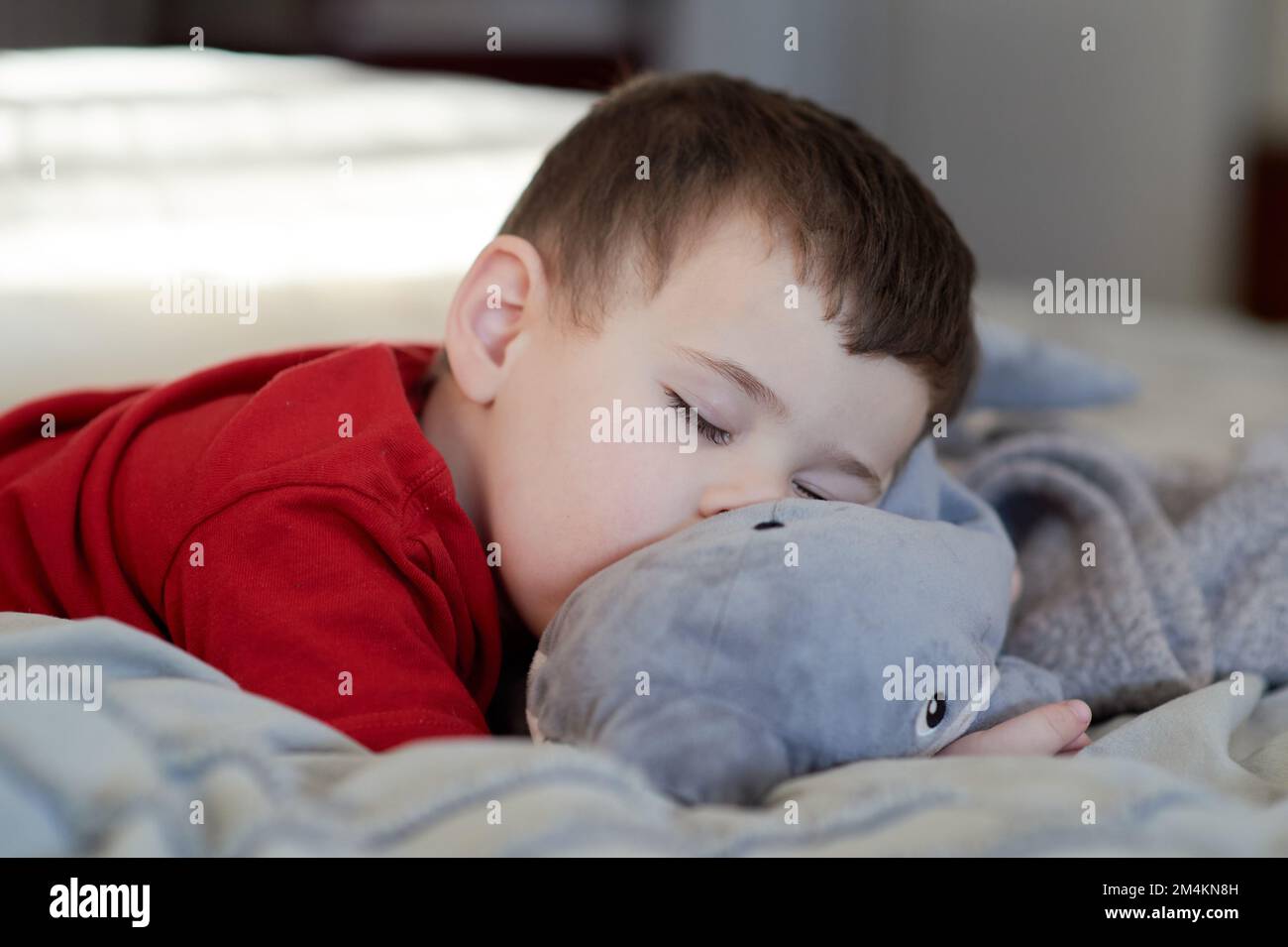 Ein kleiner Junge, der auf dem Bett ein Nickerchen macht, und sein Plüschtier als Kissen benutzt Stockfoto