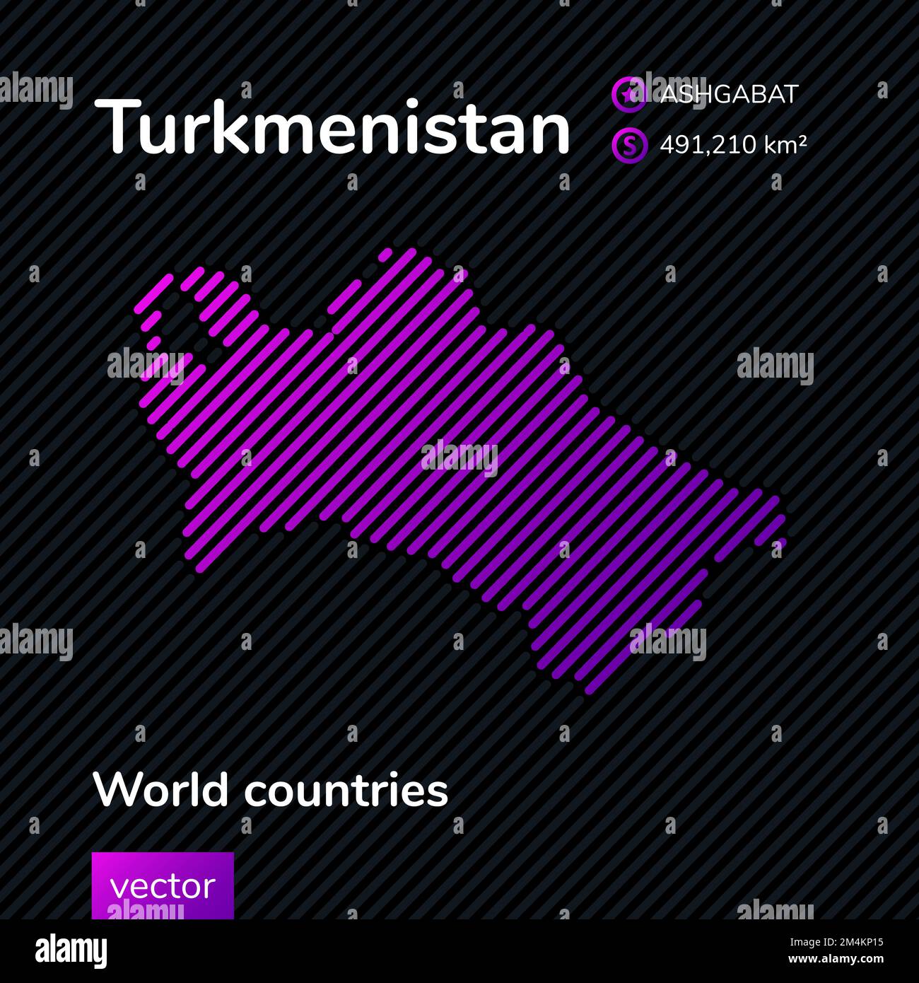 Vektor-Flachkarte Turkmenistans mit violetter, violetter, rosa gestreifter Textur auf schwarzem Hintergrund. Bildungs-Banner, Poster über Turkmenistan Stock Vektor