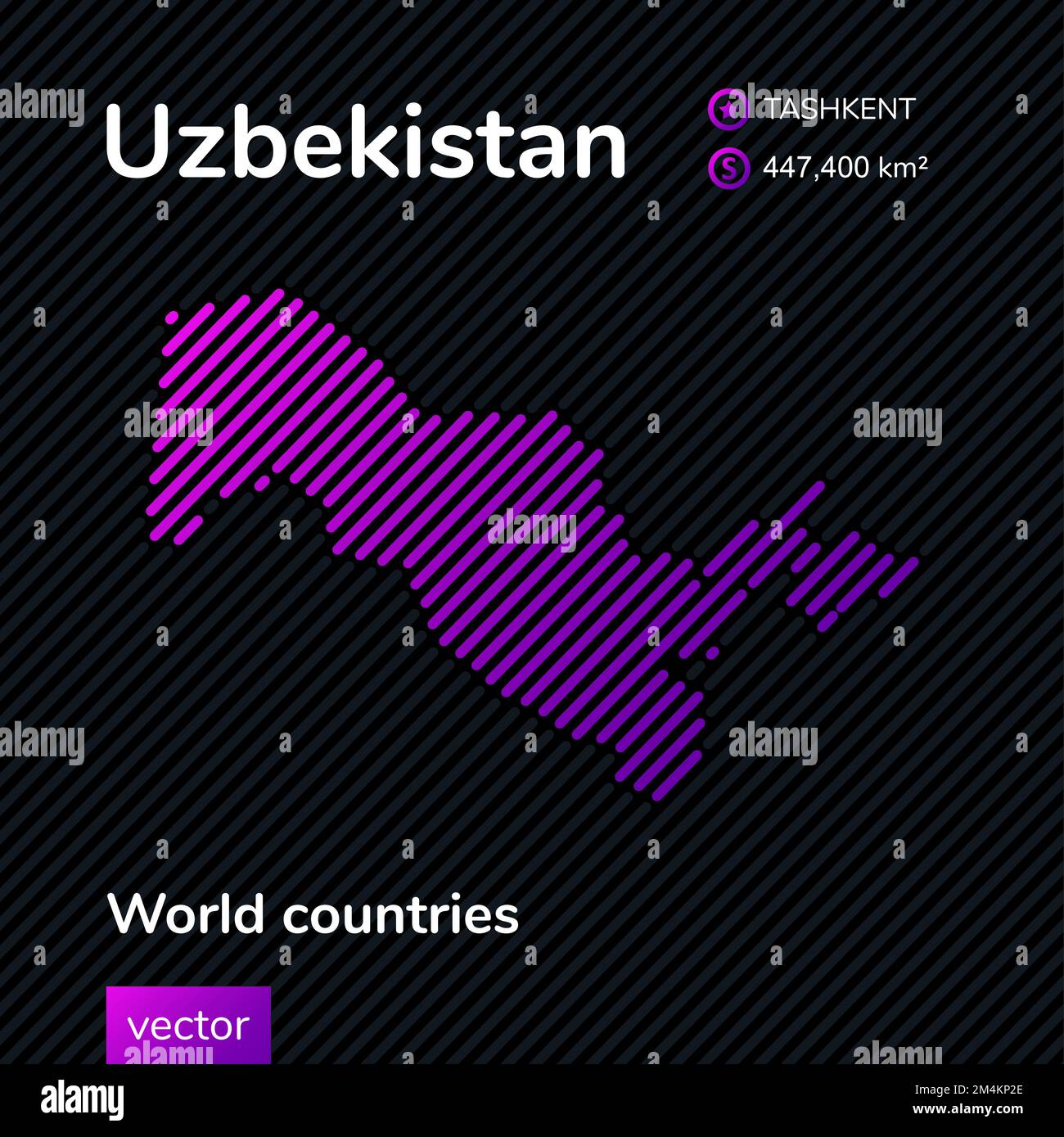 Vector Neon flache Karte von Usbekistan mit violetter Streifenstruktur auf schwarzem Hintergrund. Bildungs-Banner, Poster über Usbekistan Stock Vektor