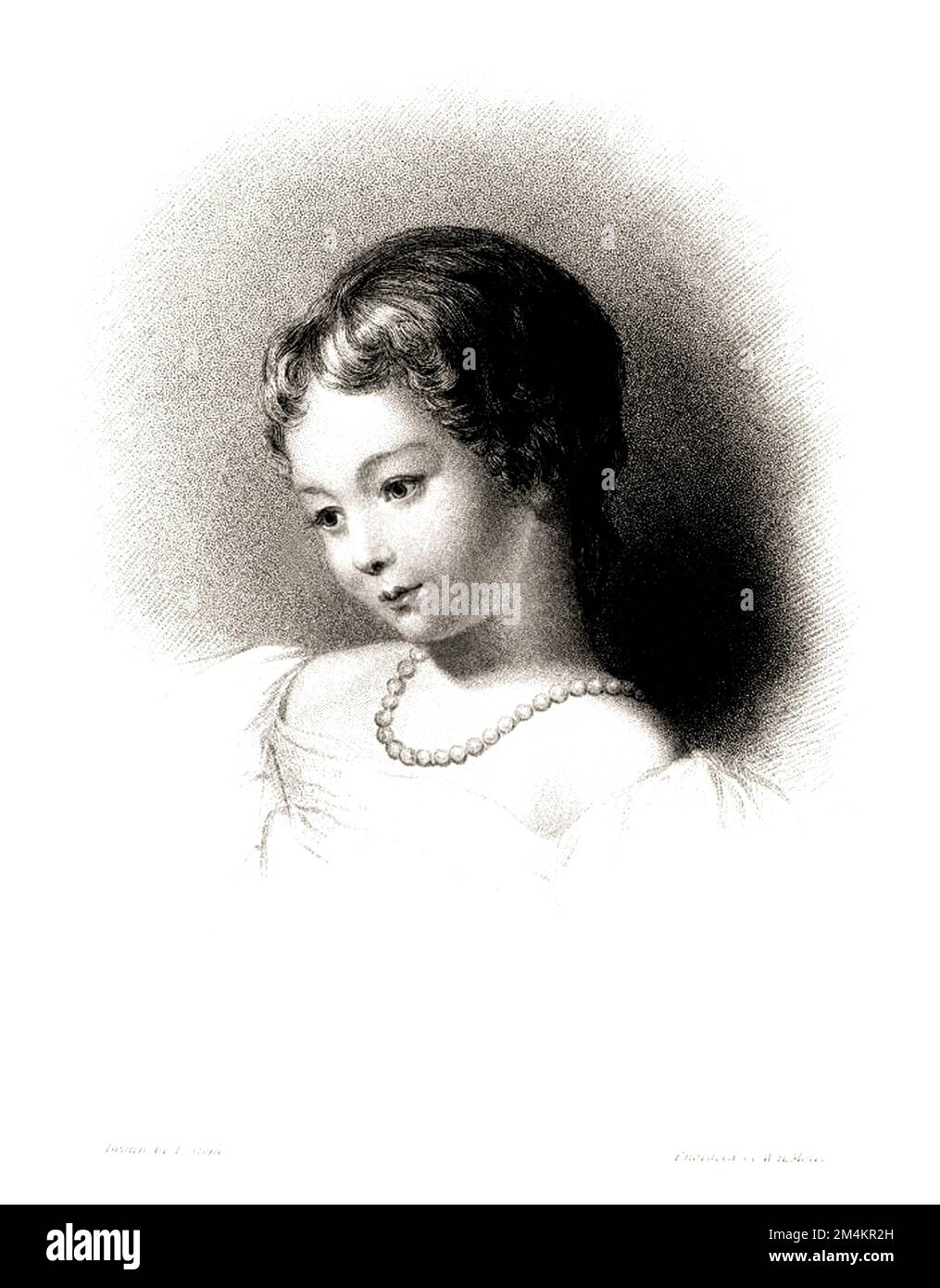 1820 Ca , GROSSBRITANNIEN : Portrait of british ADA BYRON alias Augusta Ada King Comtess of Lovelace ( 1815 - 1852 ) , als Kind . Mathematikerin und Schriftstellerin, vor allem bekannt für ihre Arbeit an Charles Babbys vorgeschlagenem mechanischen Allzweckrechner, der Analytikmaschine . Sie erkannte als erste, dass die Maschine Anwendungen hatte, die über reine Berechnungen hinausgehen, und veröffentlichte den ersten Algorithmus, der von einer solchen Maschine ausgeführt werden sollte. Daher wird sie häufig als erste Computerprogrammiererin angesehen. War die einzige legitime Tochter des berühmten romantischen Dichters Lord Geo Stockfoto