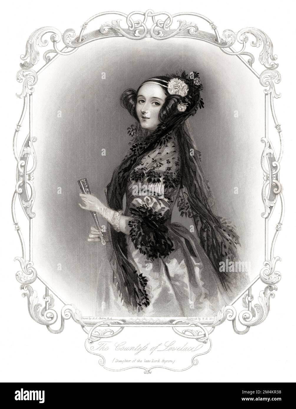 1845 Ca , GROSSBRITANNIEN : Portrait of british ADA BYRON alias Augusta Ada King Comtess of Lovelace ( 1815 - 1852 ) , als er jung war . Mathematikerin und Schriftstellerin, vor allem bekannt für ihre Arbeit an Charles Babbys vorgeschlagenem mechanischen Allzweckrechner, der Analytikmaschine . Sie erkannte als erste, dass die Maschine Anwendungen hatte, die über reine Berechnungen hinausgehen, und veröffentlichte den ersten Algorithmus, der von einer solchen Maschine ausgeführt werden sollte. Daher wird sie häufig als erste Computerprogrammiererin angesehen. War die einzige legitime Tochter des berühmten romantischen Dichters Lord Geo Stockfoto