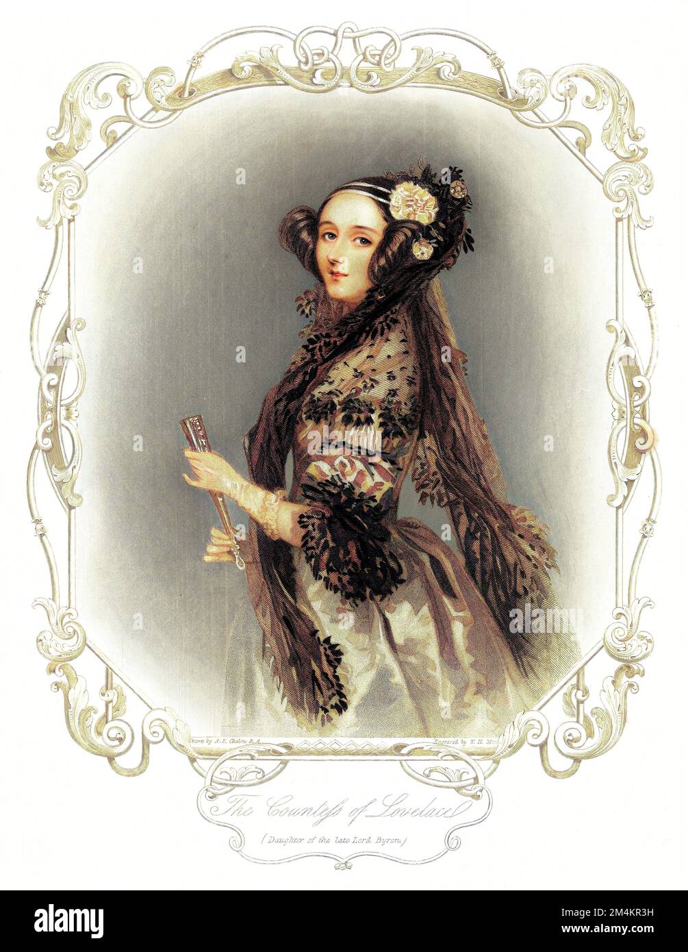 1845 Ca , GROSSBRITANNIEN : Portrait of british ADA BYRON alias Augusta Ada King Comtess of Lovelace ( 1815 - 1852 ) , als er jung war . Mathematikerin und Schriftstellerin, vor allem bekannt für ihre Arbeit an Charles Babbys vorgeschlagenem mechanischen Allzweckrechner, der Analytikmaschine . Sie erkannte als erste, dass die Maschine Anwendungen hatte, die über reine Berechnungen hinausgehen, und veröffentlichte den ersten Algorithmus, der von einer solchen Maschine ausgeführt werden sollte. Daher wird sie häufig als erste Computerprogrammiererin angesehen. War die einzige legitime Tochter des berühmten romantischen Dichters Lord Geo Stockfoto