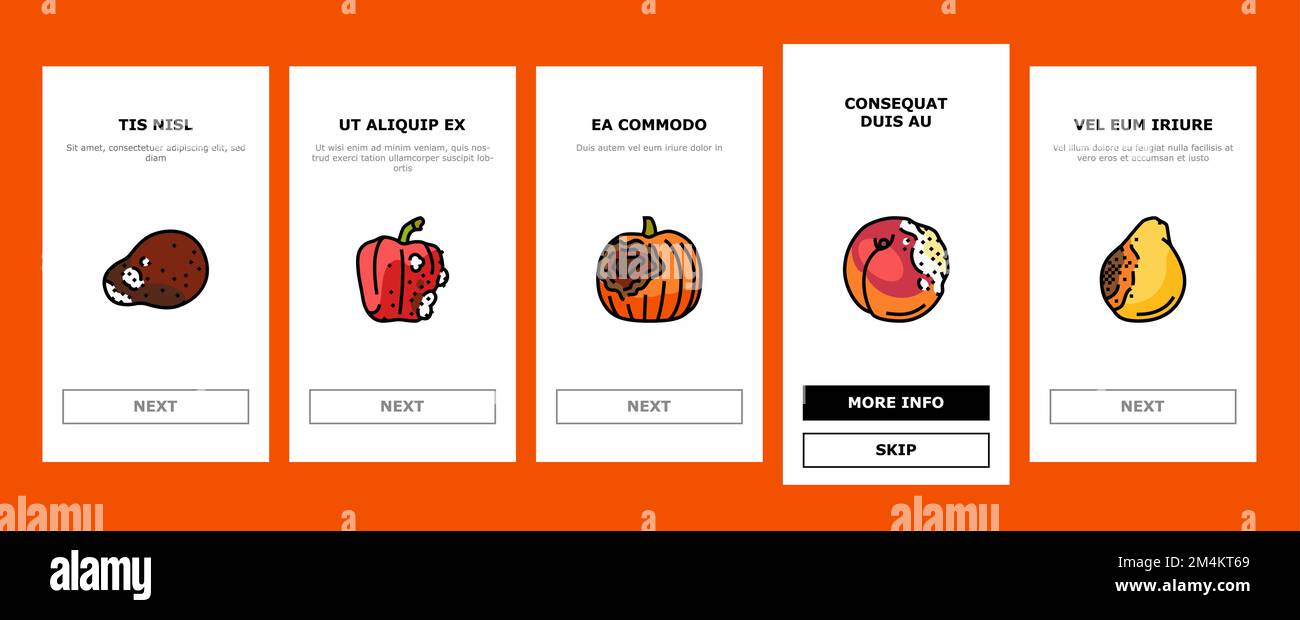 Faule Lebensmittel Fruchtmüll Onboarding Symbole setzen Vektor Stock Vektor