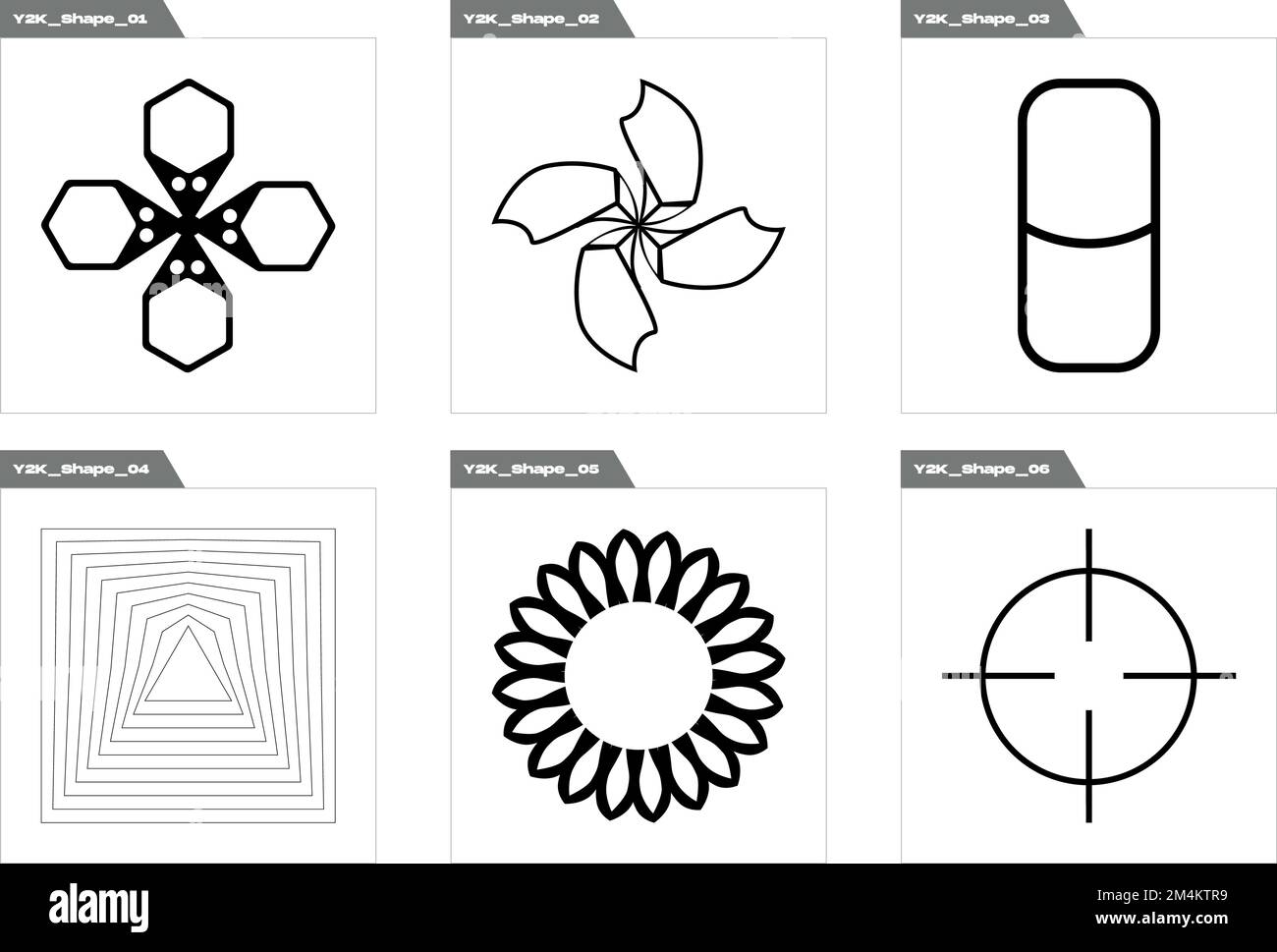 Gruppe von Y2K-Stilvektoren von Objekten. Brutalismusstern- und Blumenformen. Cyberpunk-Elemente. Stock Vektor