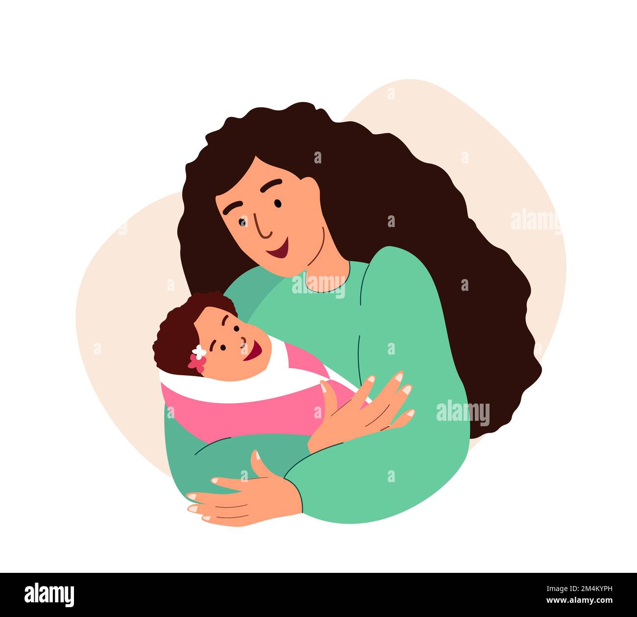 Mutter hält und umarmt Neugeborene. Junge mutter kuschelt mit dem Baby und Liebe. Weibliche Eltern mit schlafendem Neugeborenen in den Händen. Flache Grafik Stockfoto