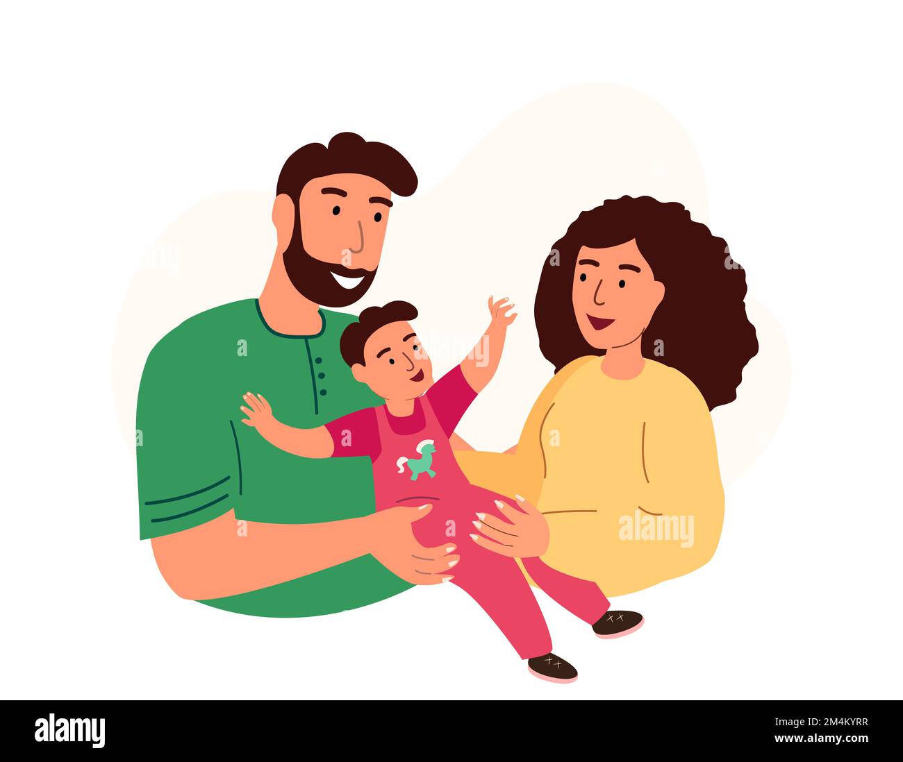 Pflegefamilien-Porträt. Glückliche Mutter, Vater und Adoptivkind. Lächelnde Eltern und Adoptivkind. Mom, Dad und Sohn. Adoptionskonzept für Kinder. Flach ve Stockfoto