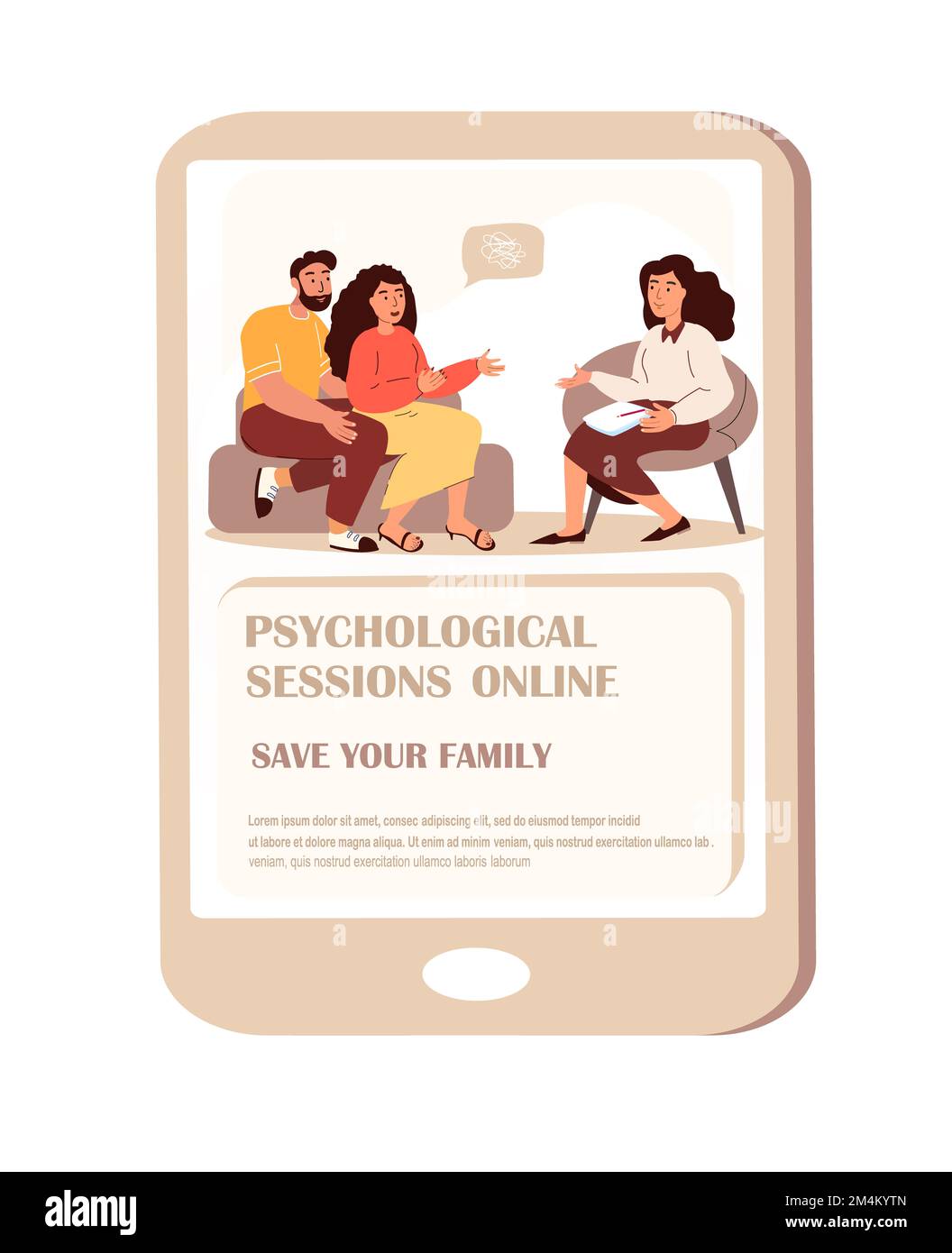 Save Your Family Online.Psychological Session,Mobile App Seite Onboard Screen.Young Anxited Woman,man Ehepaar erzählt über psychologische Probleme zur Psychiatrie Stockfoto